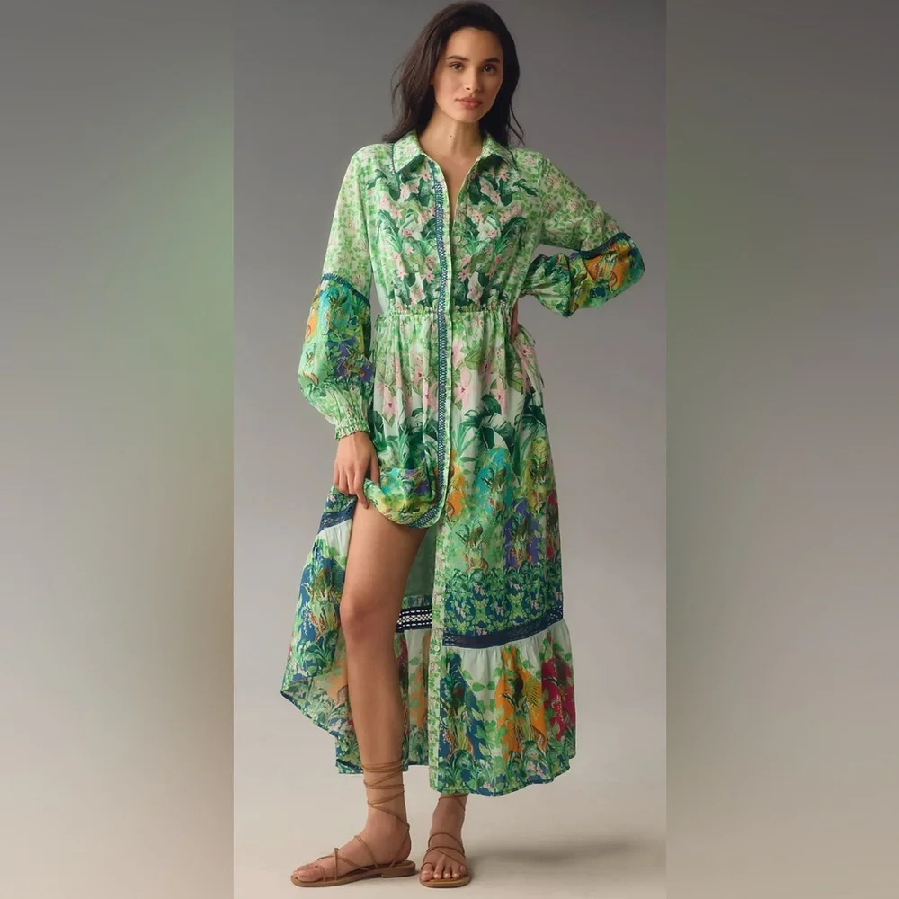 Anthropologie Eleanora Long Sleeve Maxi Shirt Dress Green Tropical Print XL NWT - Picture 3 of 4